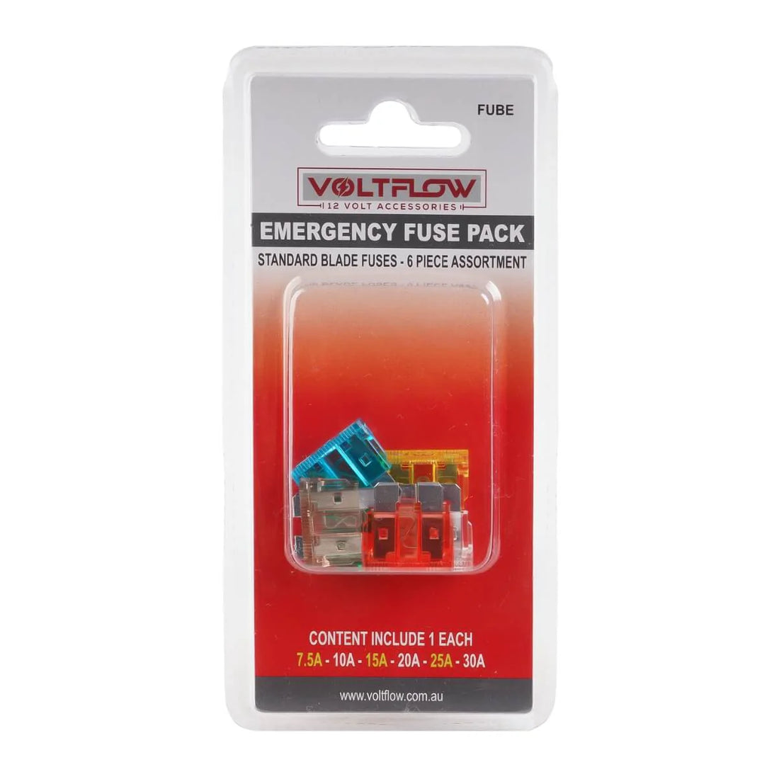 VoltFlow Car Fuses 6 Piece 7.5Amp - 30Amp Emergency Pack Standard Blade Fuses - FUBE