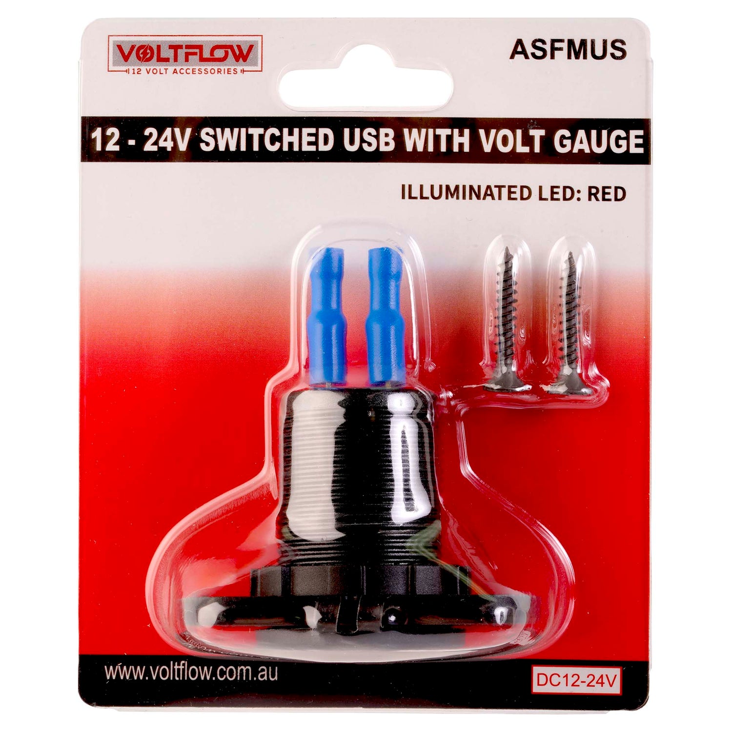VoltFlow 12V Volt Gauge Flush Mount with USB and Switch with Red LED - ASFMUS
